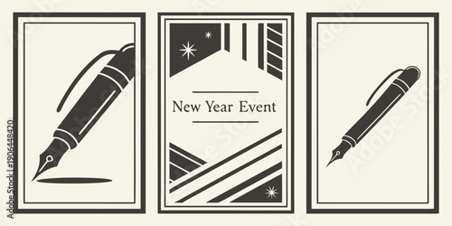 Elegant New Year Event Panels – Black White Minimal Geometric Poster Set with Fountain Pen Illustrations and Refined Decorative Accents for Premium Celebration Branding
