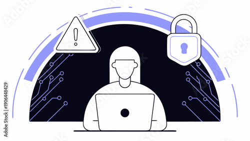 A person using a laptop with a warning sign and lock symbolizing cybersecurity threats and data protection measures in a digital environment from a front viewpoint