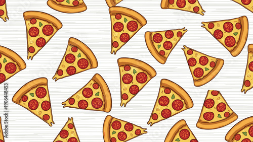 A seamless repeating pattern of pepperoni pizza slices scattered over a subtle white wood grain texture, ideal for pizzeria menus and food packaging.