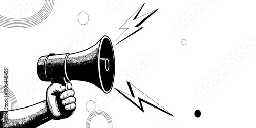 A hand holding a megaphone in a retro black and white stippled illustration style