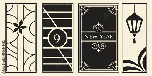 Art Deco New Year 2027 Panels – Floral Motif, Numeric Circle Icon, Scroll‑Framed “NEW YEAR,” and Lantern Design for Invitations, Posters, Holiday Decor, and Premium Event Branding