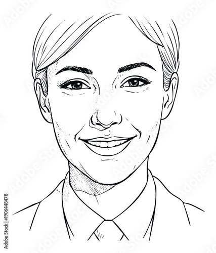 Professional woman with a warm, friendly smile and short hair captured in a handdrawn sketch, ideal for business portraits, educational materials, or corporate communication graphics