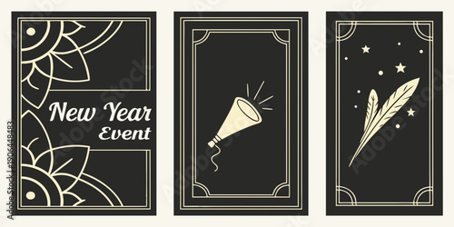 Art Deco New Year 2027 Event Panels – Floral Motif Card, Party Horn Illustration, and Feather‑Star Accent for Invitations, Posters, Holiday Decor, and Premium Event Branding