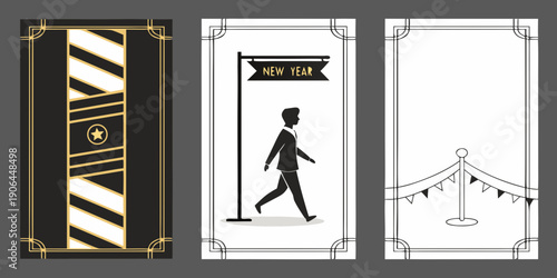 Art Deco New Year 2027 Panels – Star Emblem Geometry, Silhouette Approaching “NEW YEAR” Signpost, and Pennant Rope‑Barrier Design for Invitations, Posters, Holiday Decor, and Premium Event Branding