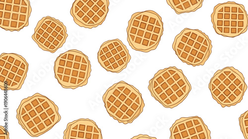 A seamless repeating pattern of delicious cartoon Belgian waffles scattered randomly on a clean white background, perfect for breakfast and brunch themes.