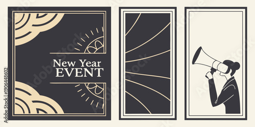 Art Deco New Year 2027 Event Panels – Geometric “NEW YEAR EVENT” Design, Radiant Burst Pattern, and Megaphone Announcer Silhouette for Invitations, Flyers, Holiday Parties, and Premium Event Branding