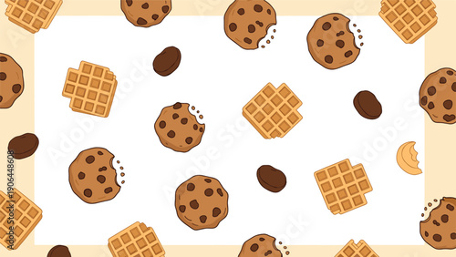 A cute and charming background or border design featuring scattered chocolate chip cookies, Belgian waffles, and coffee beans with a central blank copy space.