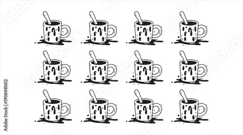 Cute coffee cup cartoon icon collection with mugs spoons and splash details