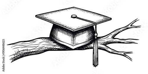 A black and white sketch of a graduation cap resting on a strong tree branch symbolizing academic achievement and future growth, ideal for educational publications and commemorative