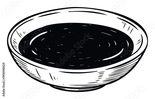Monochrome graphic depicting a humble serving bowl filled with a beverage or condiment suitable for diverse gastronomic media and culinary projects
