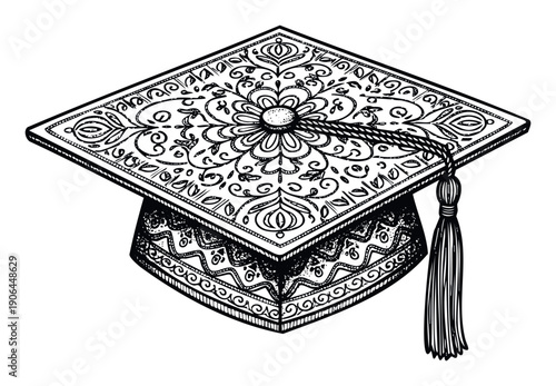 Elegant monochrome line drawing of a mortarboard adorned with delicate mandalainspired patterns and a dangling tassel, ideal for celebrating academic achievements and school milestones.