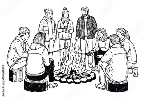 A group of friends enjoys a cozy winter campfire, roasting marshmallows and sharing stories, perfect for illustrating outdoor activities and togetherness in cold weather.