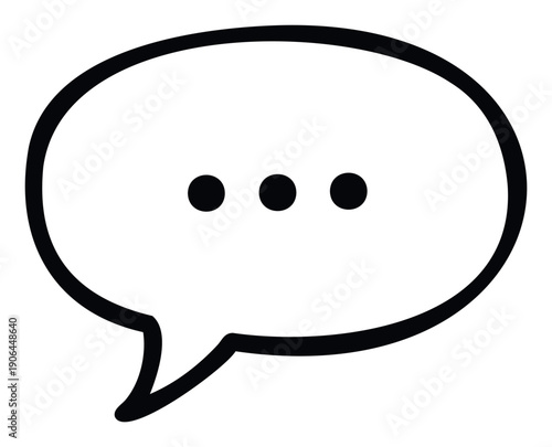 Simple black outline speech bubble containing three round dots signifying text message progression or interactive communication, ideal for mobile application menus and website navigation.