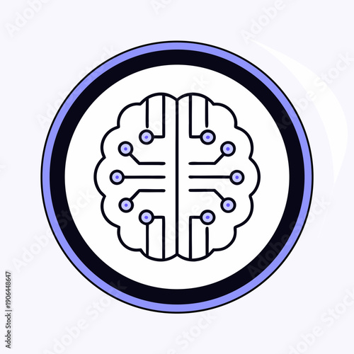A stylized illustration of a human brain with circuit lines viewed from directly above, symbolizing technology integration in thoughts, in a circular frame, representing cognitive processes.
