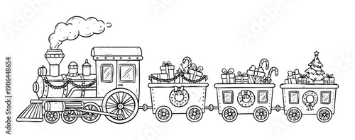 A joyous Christmas train drawing with a steam engine and wagons loaded with gifts and treats, suitable for coloring books and event invitations