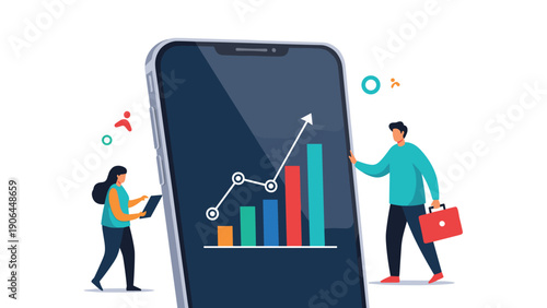 A modern flat illustration of two business people analyzing a growing bar chart on a giant smartphone screen, representing mobile analytics and business growth.