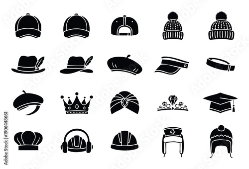 Comprehensive collection of diverse headwear including sports caps, winter beanies, elegant fedoras, chef hats, hard hats, graduation caps, and royal crowns, suitable for graphic resource