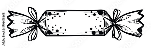 Hand drawn black and white candy wrapper with space for personalized text, ideal for festive celebrations, gift tags, confectionery promotions, or playful childrens event decorations.