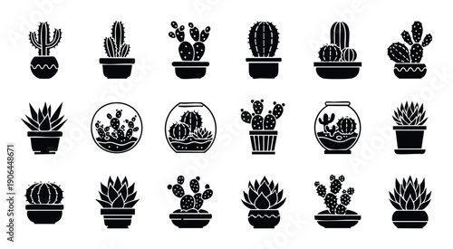 Collection of various potted cactus and succulent plants in a distinct silhouette style, perfect for botanical themed projects and home decor applications.