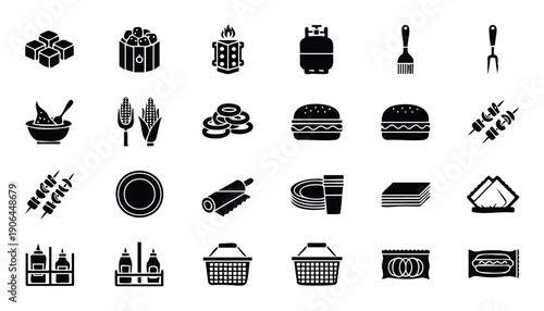 A versatile collection of solid black silhouette icons featuring barbecue equipment, picnic food, and outdoor dining items suitable for menus, applications, and graphic design projects.