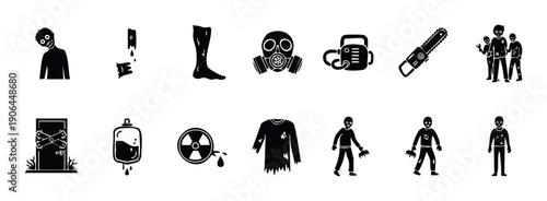 Collection of zombie apocalypse survival horror icons featuring terrifying undead creatures, dangerous weapons, biohazard symbols, and essential protective gear for game development and