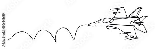 Minimalist continuous line drawing of a fighter jet flying with a wavy flight path, ideal for aviation projects, aerospace presentations, or educational materials about flight dynamics.