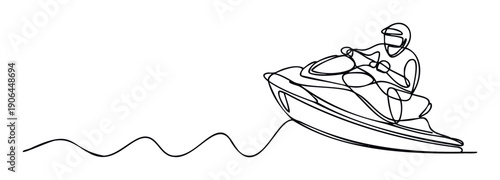 Dynamic single line drawing of a person enjoying a high speed jet ski ride over wavy water, ideal for active lifestyle or summer vacation themed marketing and sports graphics.