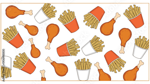 A fun and chaotic background pattern of cartoon fried chicken drumsticks and cups of french fries scattered randomly on a white surface with a thin border.