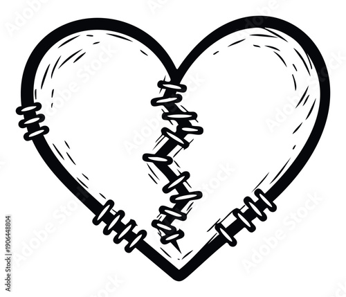 Black and white stitched heart graphic portraying resilience and healing after emotional trauma, ideal for counseling services, support groups, or inspirational content.