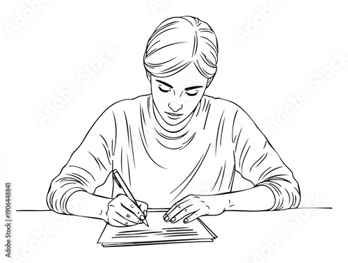 Diligent person concentrating on writing documents with a pen, perfect for illustrating concepts of learning, business tasks, and productivity in various contexts.