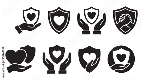 Shield and heart symbols protection safety security insurance care health love trust