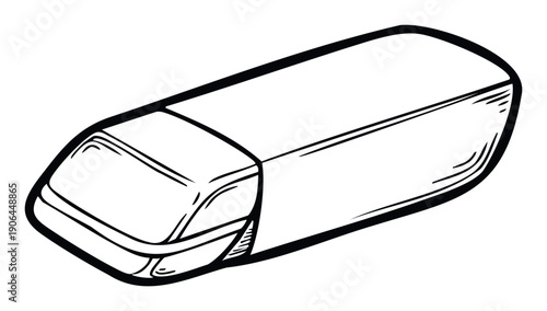 A simple graphic depiction of a white rectangular eraser with black outlines and subtle shading, perfect for educational materials, office supply catalogs, or stationeryrelated graphic