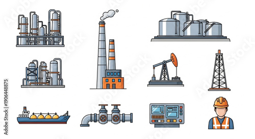 Collection of Industrial Manufacturing and Energy Production Icons.