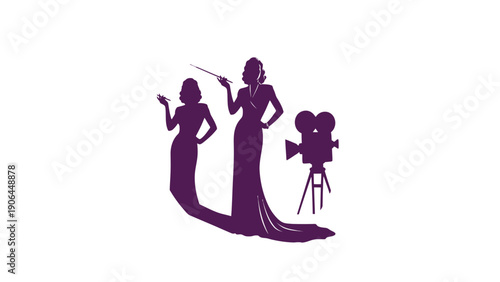Two elegant women in evening gowns with a film camera