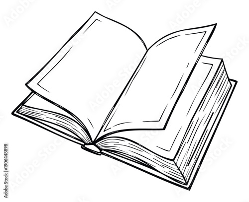 Handdrawn sketch of an open book with a page turning, perfect for educational materials, literary themes, or academic presentations.