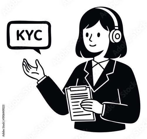 Professional female customer service representative wearing headphones presents a KYC concept in a speech bubble while holding a clipboard, perfect for financial identity verification and
