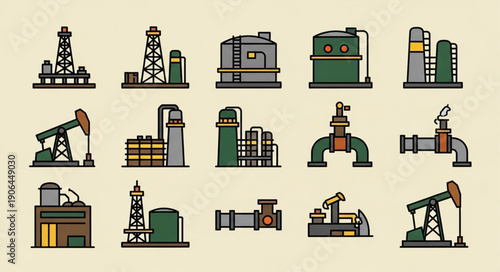 Collection of industrial oil and gas extraction equipment icons.