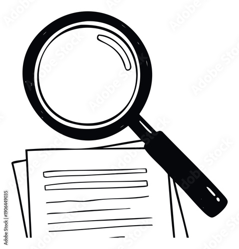 A hand drawn magnifying glass symbol resting on a stack of documents represents detailed examination and thorough investigation ideal for educational materials or business presentations.