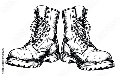 A pair of durable work boots with intricate lace details, perfect for illustrating rugged journeys, outdoor adventure themes, or hardworking profession concepts in various visual media.