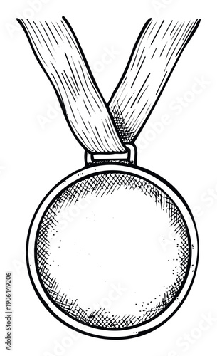 A classic engraved style illustration of a generic award medallion with a wide Vshaped neck ribbon, ideal for recognizing accomplishments, victory themes, or reward presentations.