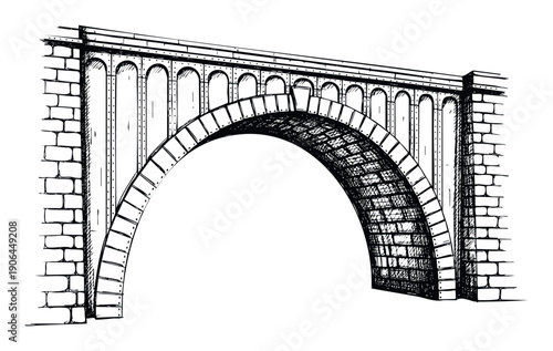 Hand drawn ink sketch of an ancient stone aqueduct bridge with multiple arches and detailed brickwork, perfect for historical construction documents or vintage engineering projects