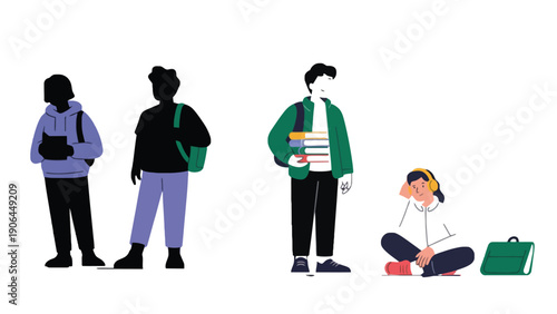 A group of diverse students standing and sitting with books and backpacks
