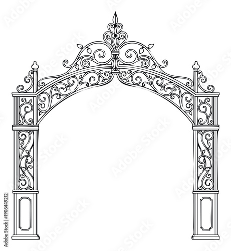 Elegant classic wrought iron archway featuring intricate scrollwork and delicate leaf accents, ideal for wedding stationery, architectural graphics, or sophisticated decorative design