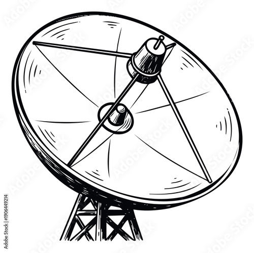 A black and white handdrawn satellite dish graphic suitable for telecommunication infrastructure projects, broadcasting technology presentations, and global connectivity illustrations.