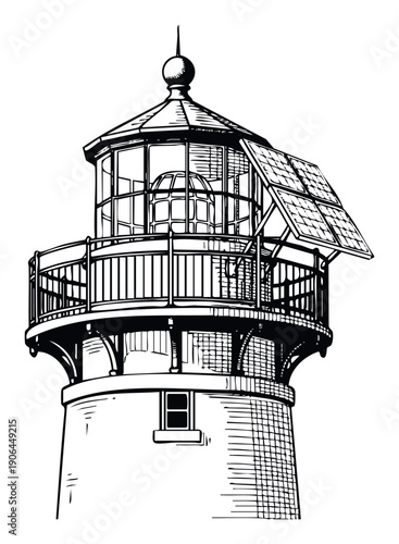 Historic lighthouse tower with modern solar panels provides essential navigation and maritime guidance, perfect for travel industry promotions, educational materials, or coastal theme