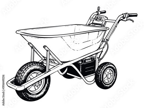 Electric powered wheelbarrow drawing for construction and gardening equipment catalogs showcasing modern utility tools for heavy material transport and landscaping projects