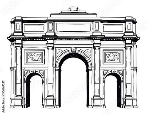 Classic architectural monument featuring a grand triumphal arch with ornate columns and decorative elements, presented as a clear black and white line drawing ideal for historical themes