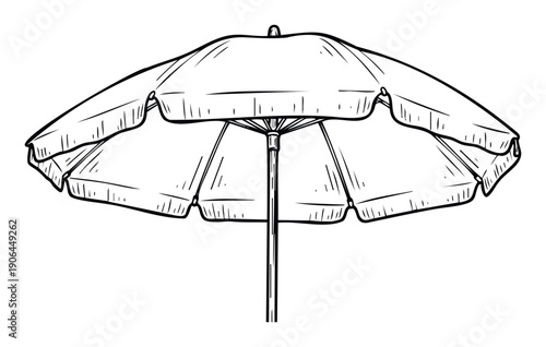 A classic open sunshade beach umbrella doodle drawing providing shade and relaxation for enjoyable summer vacation and various outdoor leisure activities.
