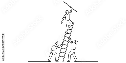 Teamwork concept illustration with two people holding a ladder for another person to reach higher