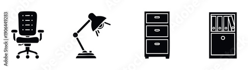 Professional office equipment and storage solutions black silhouette icon collection featuring a desk chair, table lamp, filing cabinet, and archive shelf for business websites,
